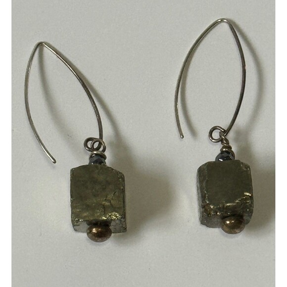 Earrings Pyrite Cube Raw Stone Wire Threader Grunge Natural Organic - Picture 8 of 9